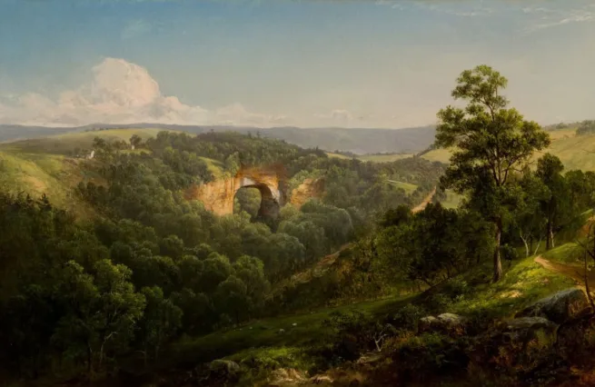 This 1860 painting known as "Natural Bridge Virginia" was created by artist David Johnson with oil on canvas and is on display at Reynolda House Museum of American Art. 