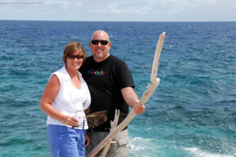 Here Jim and I are collecting fun things on the beach during our Aruba vacation.
