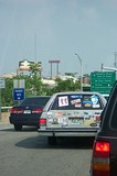 Station wagon with many bumper stickers!