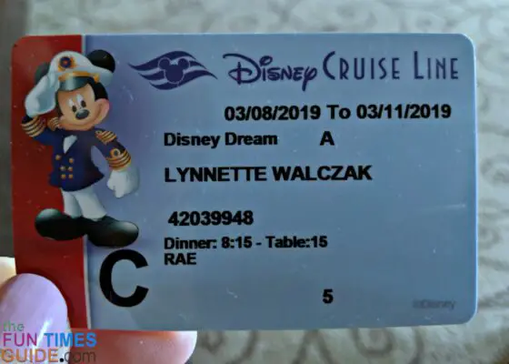This is my Disney Cruise Card. You show it at your first dinner, whenever you buy a drink or spa treatment, every time you get on and off the boat, whenever you have your picture taken with a Disney character, any time you play Bingo on the ship, whenever you buy a souvenir.