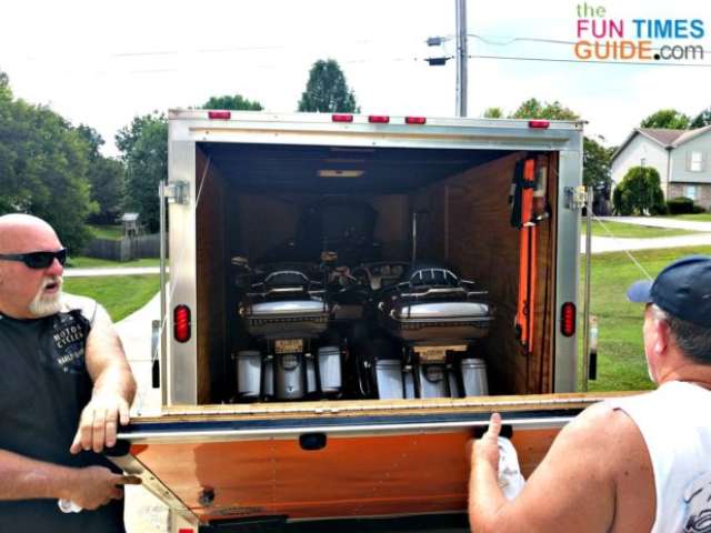 Our 2 Harley-Davidson CVO Ultra Limited motorcycles and 2 pull-behind trailers fit perfectly inside this 14-foot enclosed motorcycle trailer.