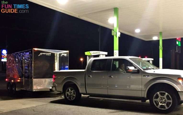 Our Ford F150 pulling our friends' 14-food enclosed motorcycle trailer from Nashville TN to Fort Collins CO. photo by Kay at TheFunTimesGuide.com