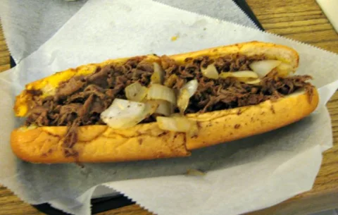 A Philly cheesesteak sandwich from Jim's Steaks in South Philly.