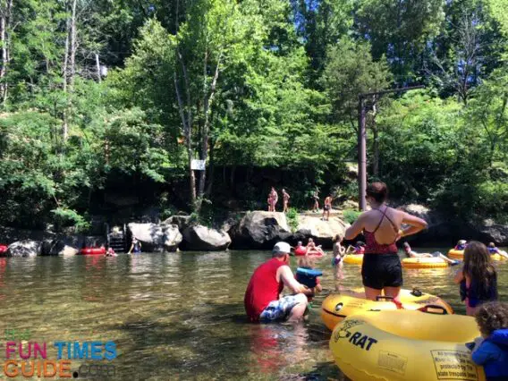 One of the shallow water areas near the jump rock on the family-friendly float with River Rat Tubing in Tennessee. 