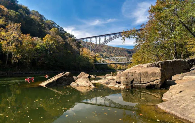 Kayakers at the New River Gorge Bridge in West Virginia.
