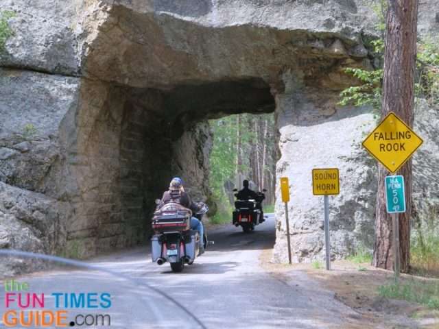 Riding through one of the narrow tunnels on Needles Highway near Sturgis. 