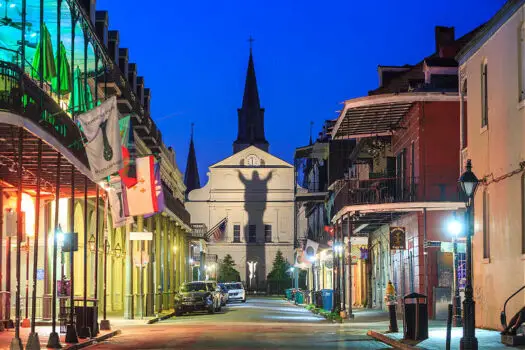 The back of St. Louis Cathedral -- as seen from the French Quarter at night.