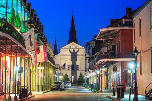 The back of St. Louis Cathedral -- as seen from the French Quarter at night.