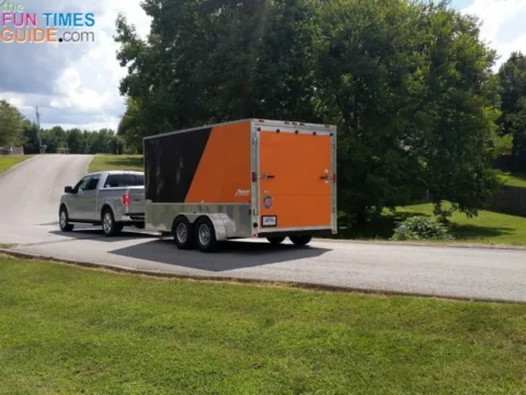 Ready to hit the road with our 2 Harley motorcycles and 2 pull-behind trailers loaded inside a 14-foot enclosed motorcycle trailer!