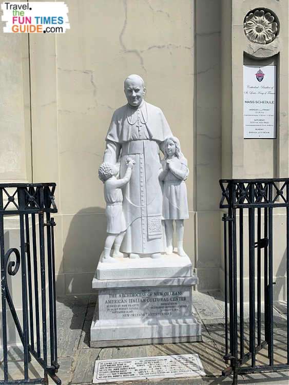 This statue of Pope John Paul II commemorates the pontiff's 1987 visit to St. Louis Cathedral in New Orleans.