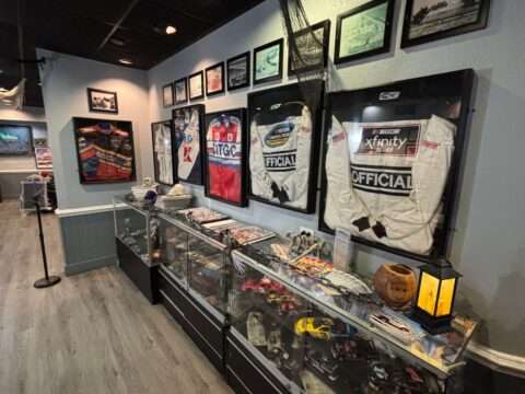 Racing suits, model cars, and more at Racing's North Turn restaurant in Ponce Inlet, Florida -- near Daytona Beach. 