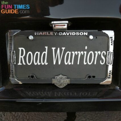 The personalized license plate I bought for our pull-behind motorcycle trailer.