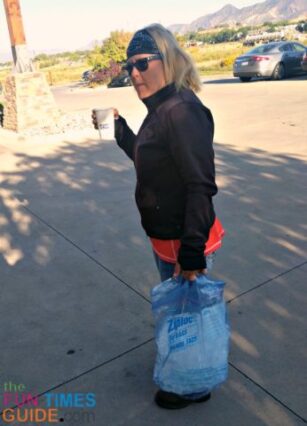 Kay often did the cooler filling each morning - carrying the Ziploc Big Bag filled with ice from the hotel ice machine.